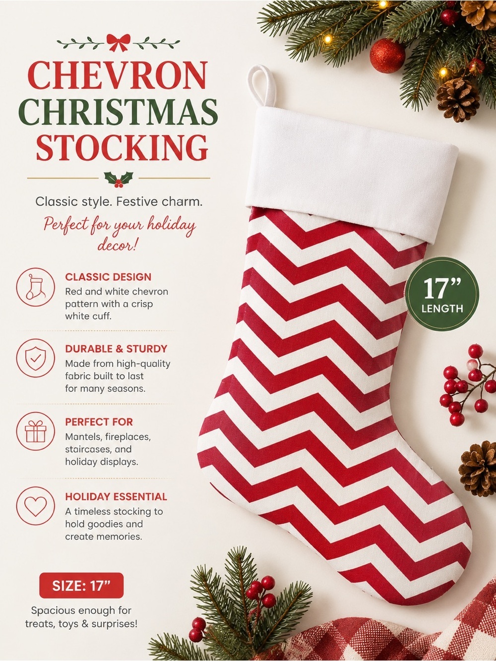 Chevron Christmas Stocking - Red & White Holiday Stocking